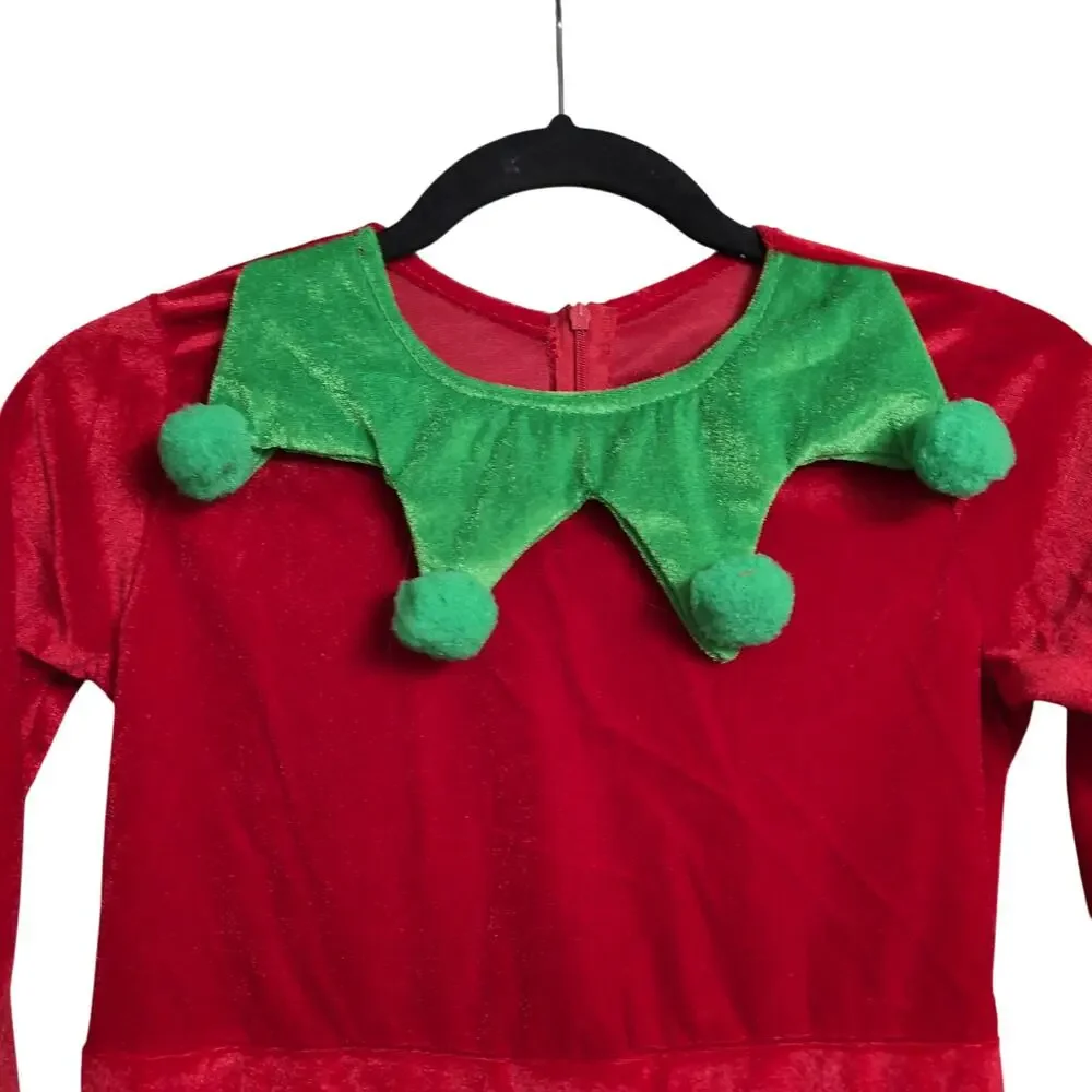 Girls Elf Costume Christmas Tunic Dress Belt Striped Socks Booties Hat 130 6-7